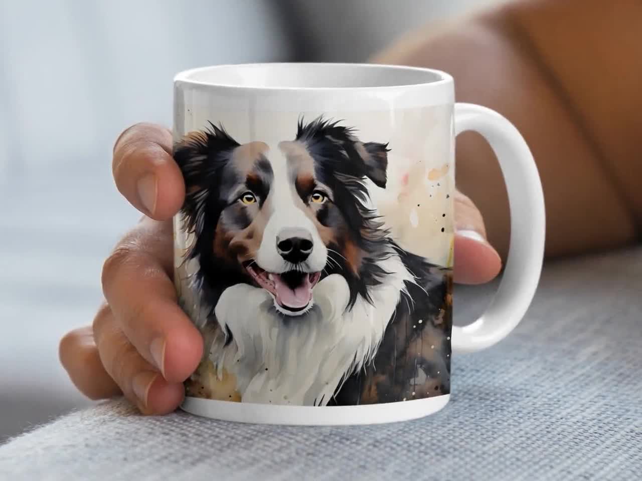 ボーダーコリーアートマグ：水彩画の犬のイラスト、犬好きへのギフト
